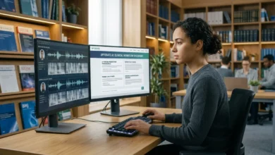 Image 3: Professionals & Researchers Workflow Article Section: Who Uses UpToDate AI? (Professionals, Students, Organizations) Visual Concept: Collaborative research and information discovery in an academic or clinical workstation setting. Prompt: uptodate ai