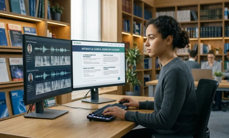Image 3: Professionals & Researchers Workflow Article Section: Who Uses UpToDate AI? (Professionals, Students, Organizations) Visual Concept: Collaborative research and information discovery in an academic or clinical workstation setting. Prompt: uptodate ai
